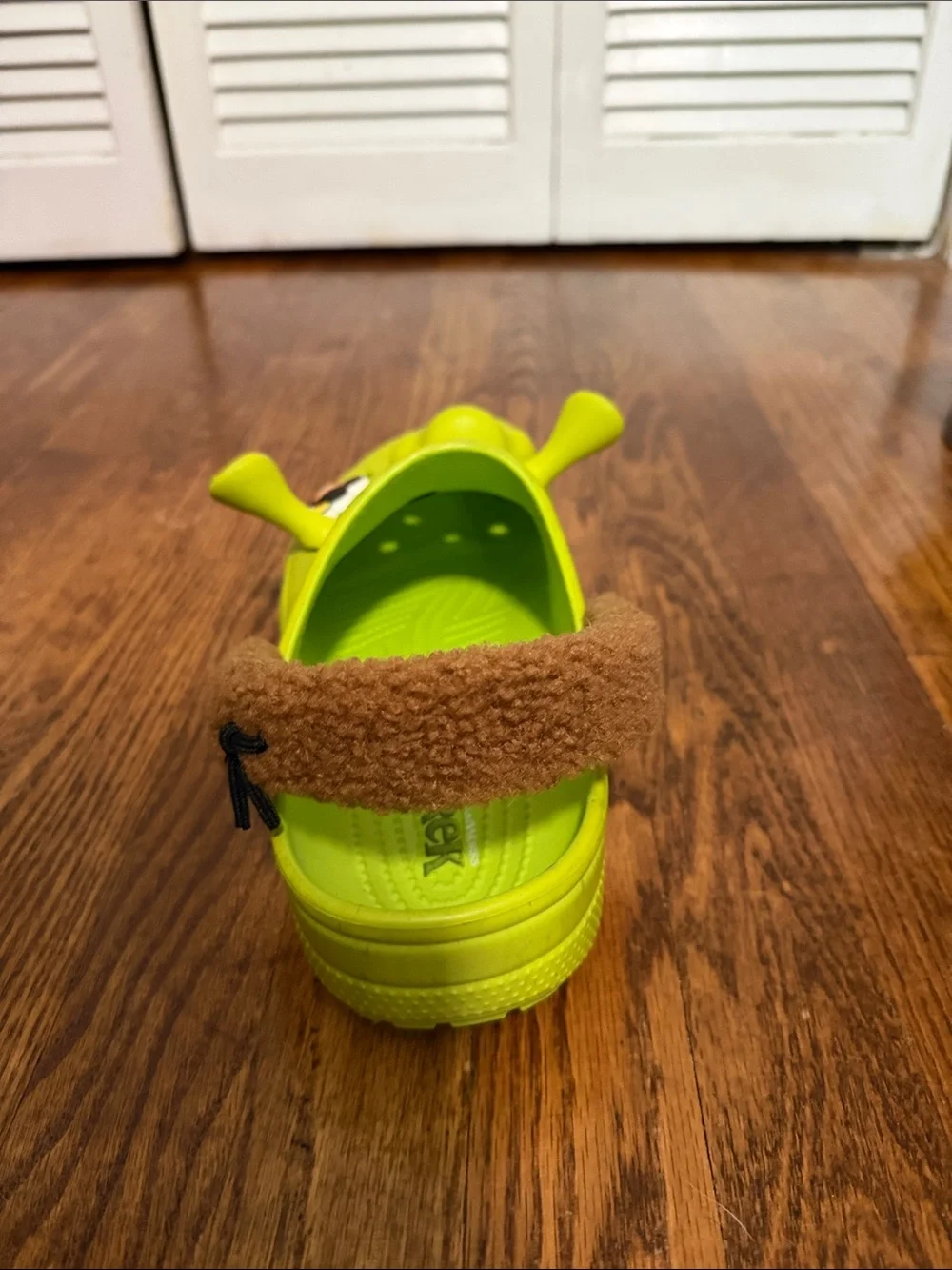 CROCS X Shrek Neon Lime Green Clog Sandals with Brown Fuzzy Heel Strap